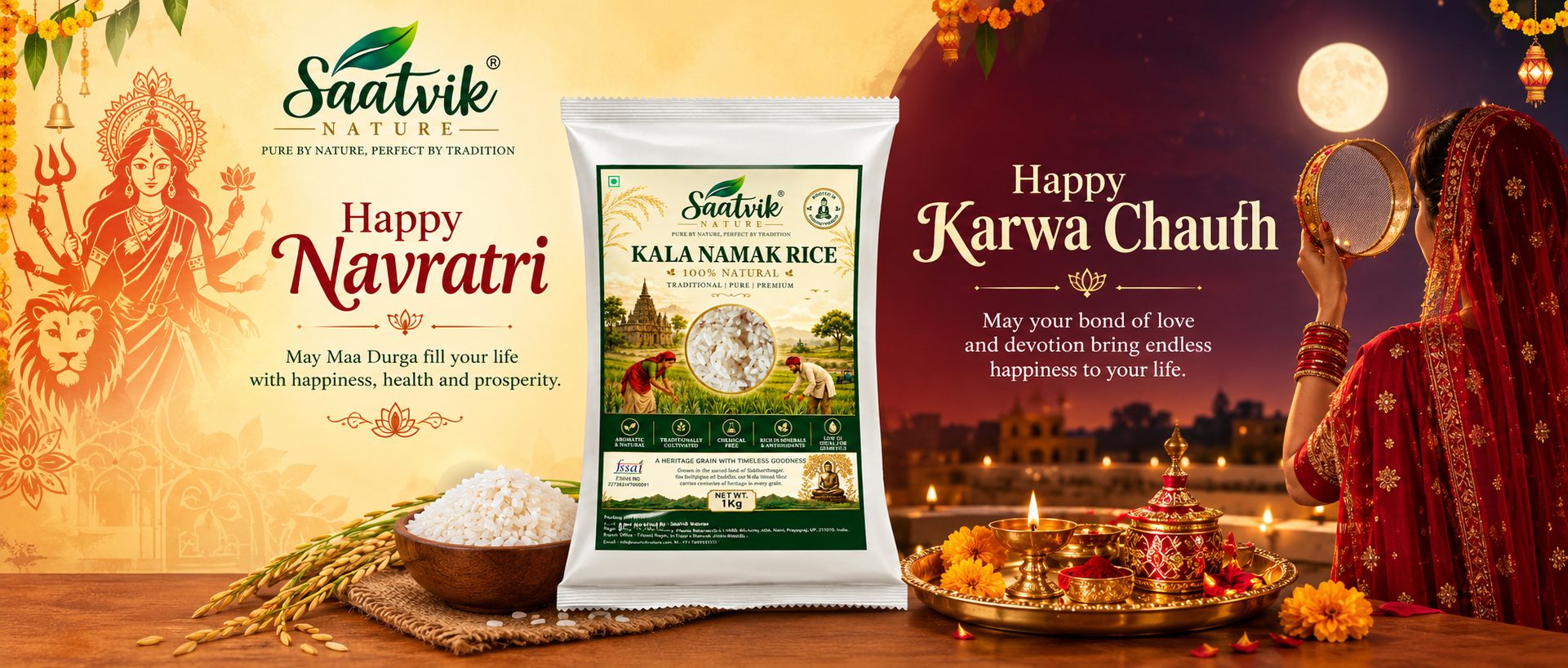 Navratri Karwa Chauth Diwali Saatvik Nature Kala Namak Rice with festive Navratri, Karwa Chauth and Deepawali celebrations, diyas, traditional décor and bowl of rice.